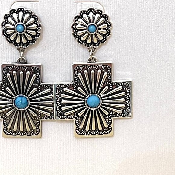 New Jessica Simpson Earrings Cross Silver Turquoise Blue Dangle Drop NWT - Picture 3 of 6